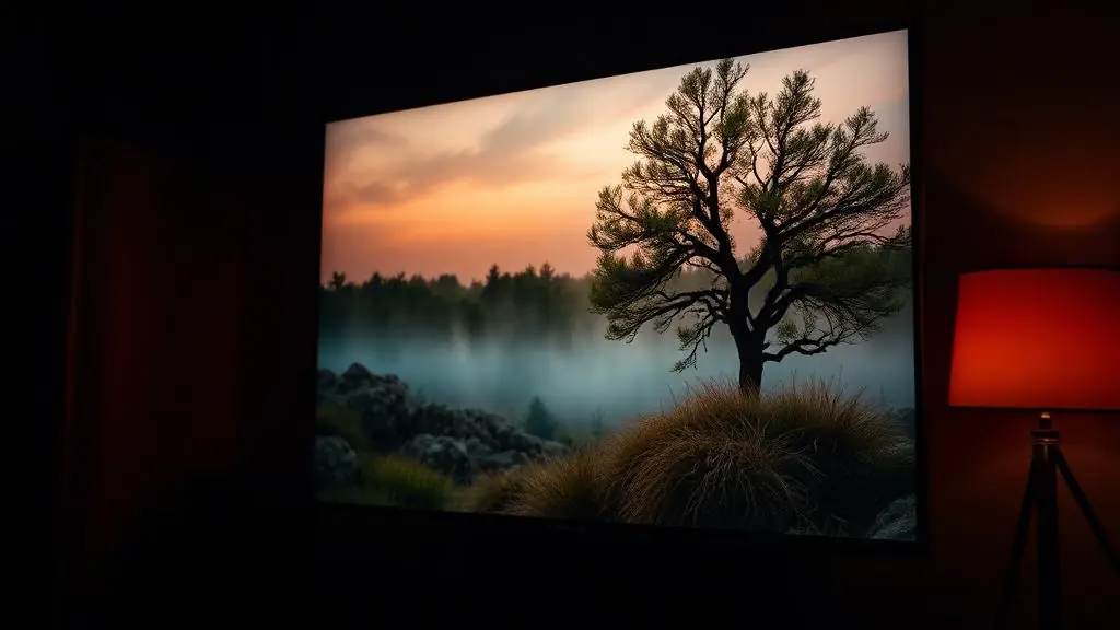Televisor exibindo documentário de natureza em alta definição em sala escura