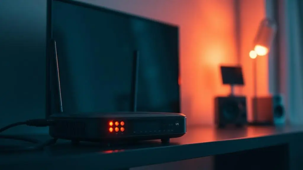 Roteador Wi-Fi com LEDs acesos em ambiente escuro com TV ao fundo