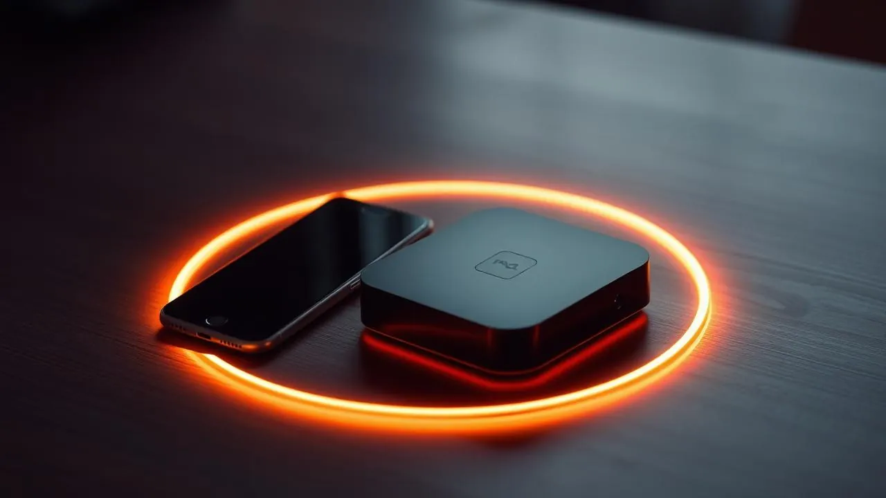 Celular e TV Box sobre mesa escura com iluminação âmbar