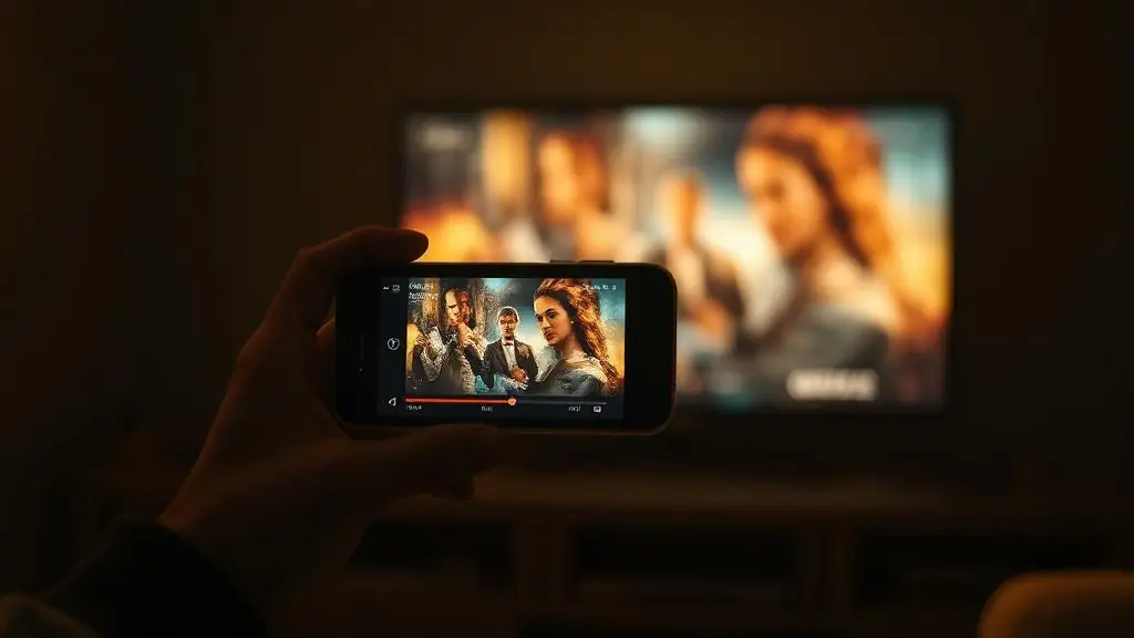 Mão segurando celular reproduzindo filme com TV ao fundo em ambiente escuro