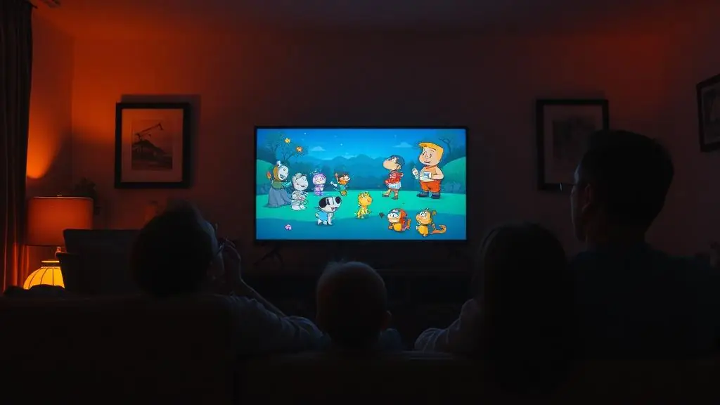 Família assistindo desenho animado em TV grande em sala escura e aconchegante
