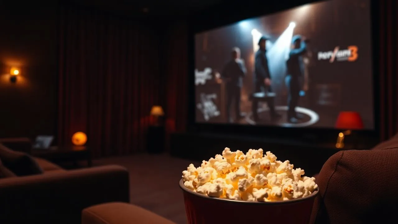 Home cinema aconchegante com tela grande exibindo filme e balde de pipoca