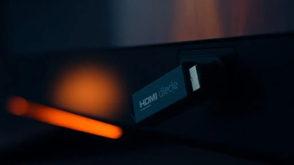 Dongle HDMI de streaming conectado à traseira de uma televisão com luz âmbar