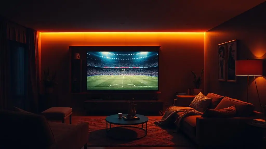 Sala escura com TV grande exibindo partida de futebol ao vivo em 4K
