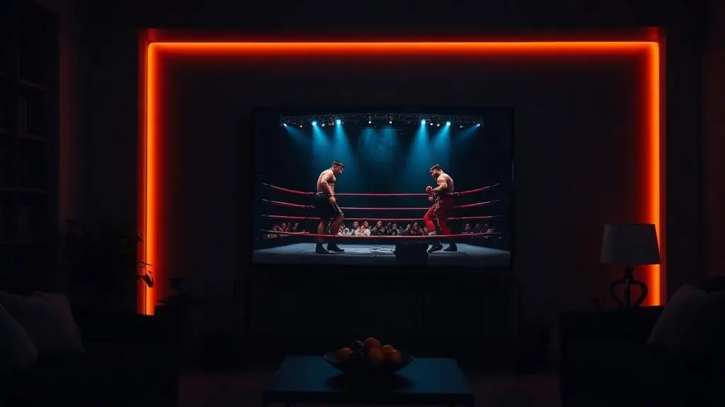TV em sala escura exibindo transmissão de luta em ringue iluminado
