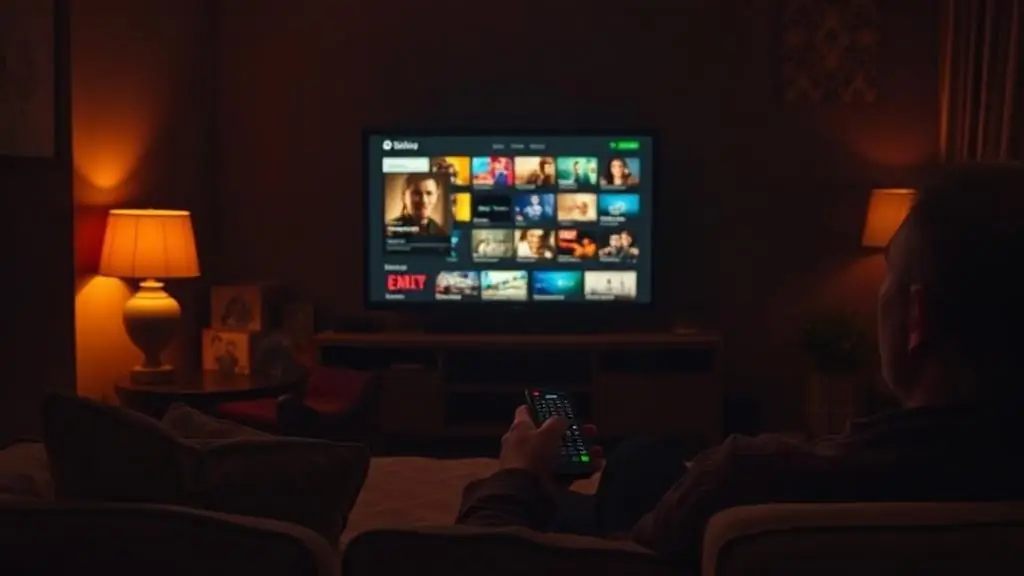 Pessoa no sofá com controle remoto apontando para TV exibindo catálogo de séries