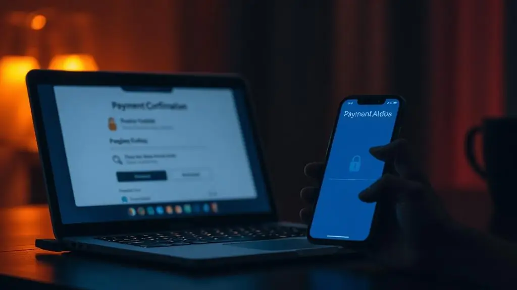 Notebook e celular exibindo tela de confirmação de pagamento em ambiente escuro