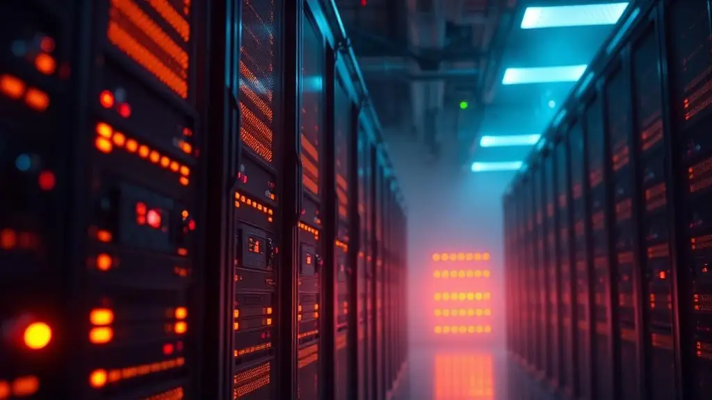 Corredor de datacenter com racks de servidores e luzes âmbar